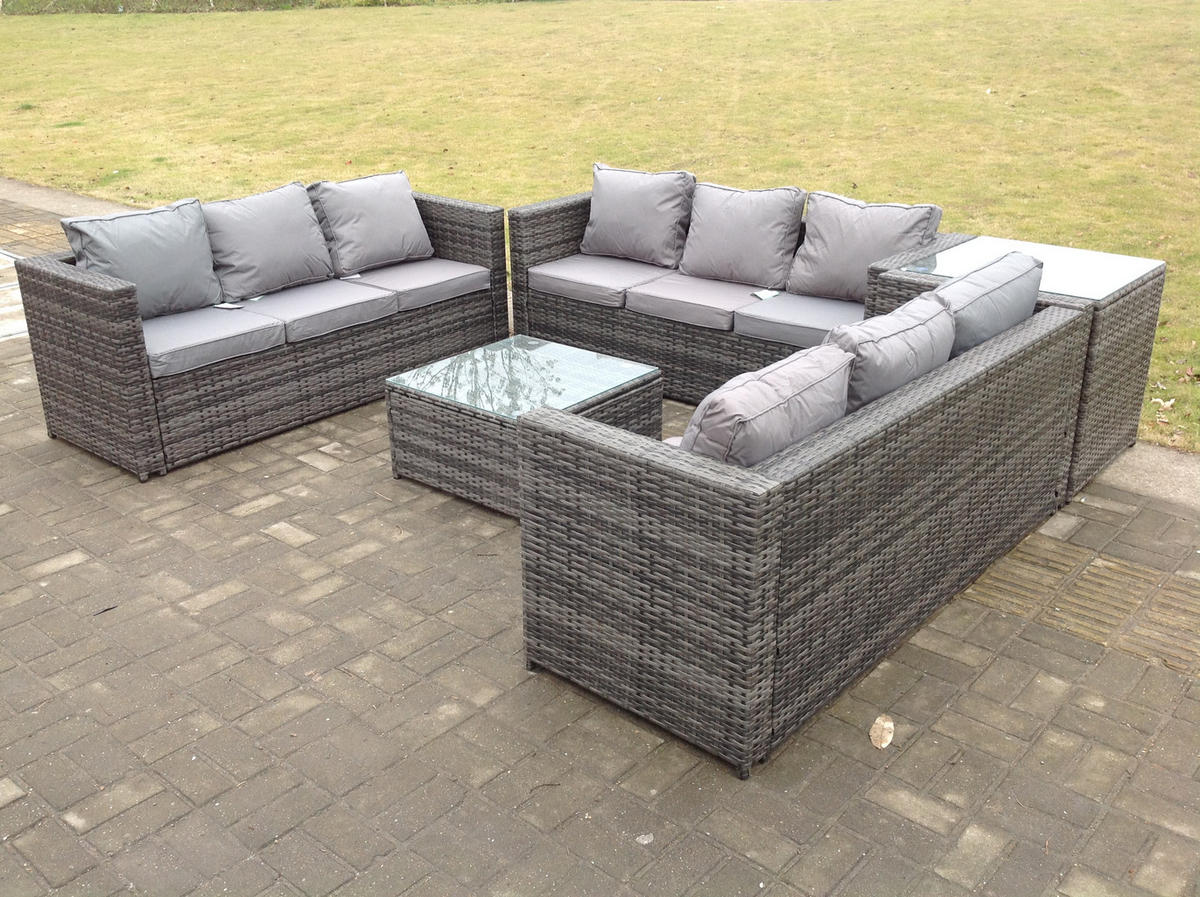 GARTENMÖBELSET mit Couchtisch Polyrattan 9-Sitzer - Dunkelgrau/Grau, Glas/Kunststoff - Fimous