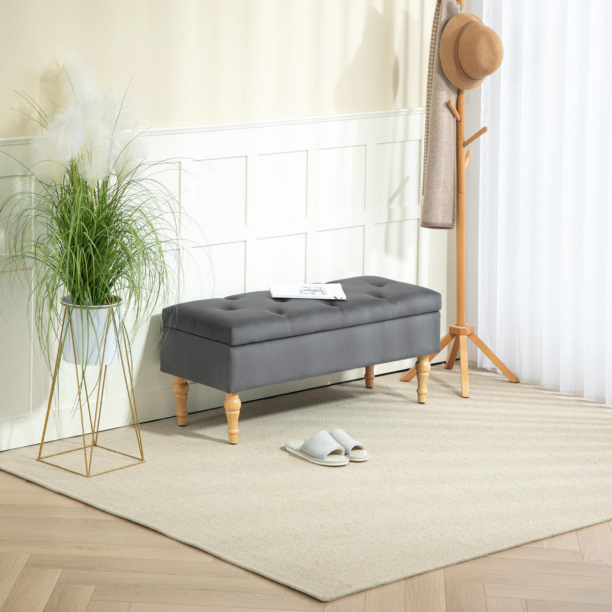 TRUHENBANK DE-16394 mit Klappdeckel und Knopfheftung Dunkelgrau - Dunkelgrau, Textil (102/41/38cm) - ComfortXL