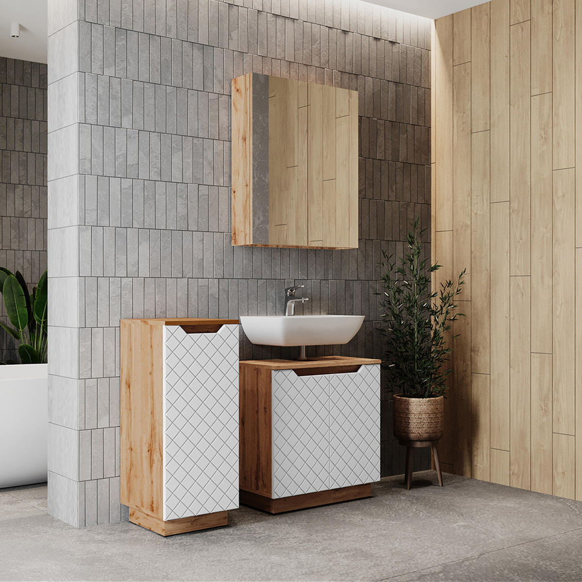 BADMÖBEL-SET Lotta Eiche/Weiß mit Kachelstruktur 3 Teile - Weiß, Holzwerkstoff (59.8/62.1/32cm) - Vicco