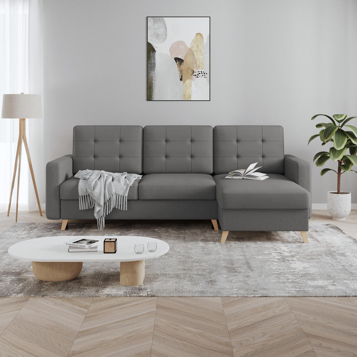 ECKSCHLAFSOFA Vinci mit universelle Ottomane, Grau - Buchefarben/Grau, Textil (236/151cm) - Beautysofa