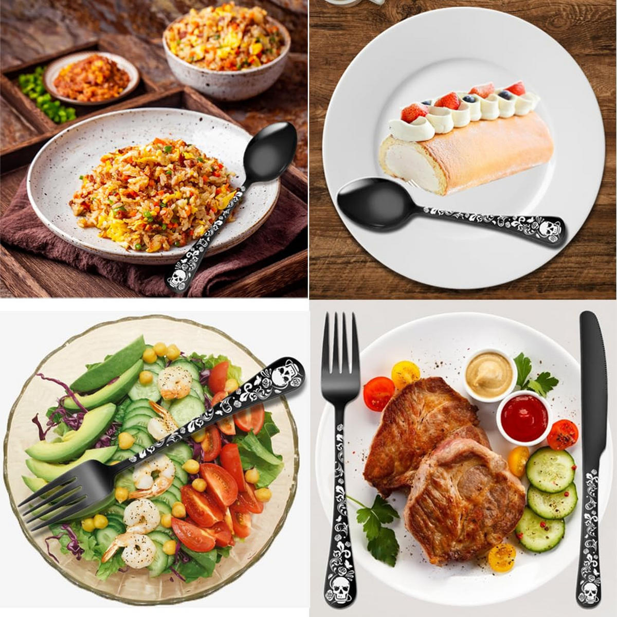 BESTECKSET mit Totenkopfmuster für 4 Personen, 20-teiliges Edelstahl - Schwarz, Metall - Kaket