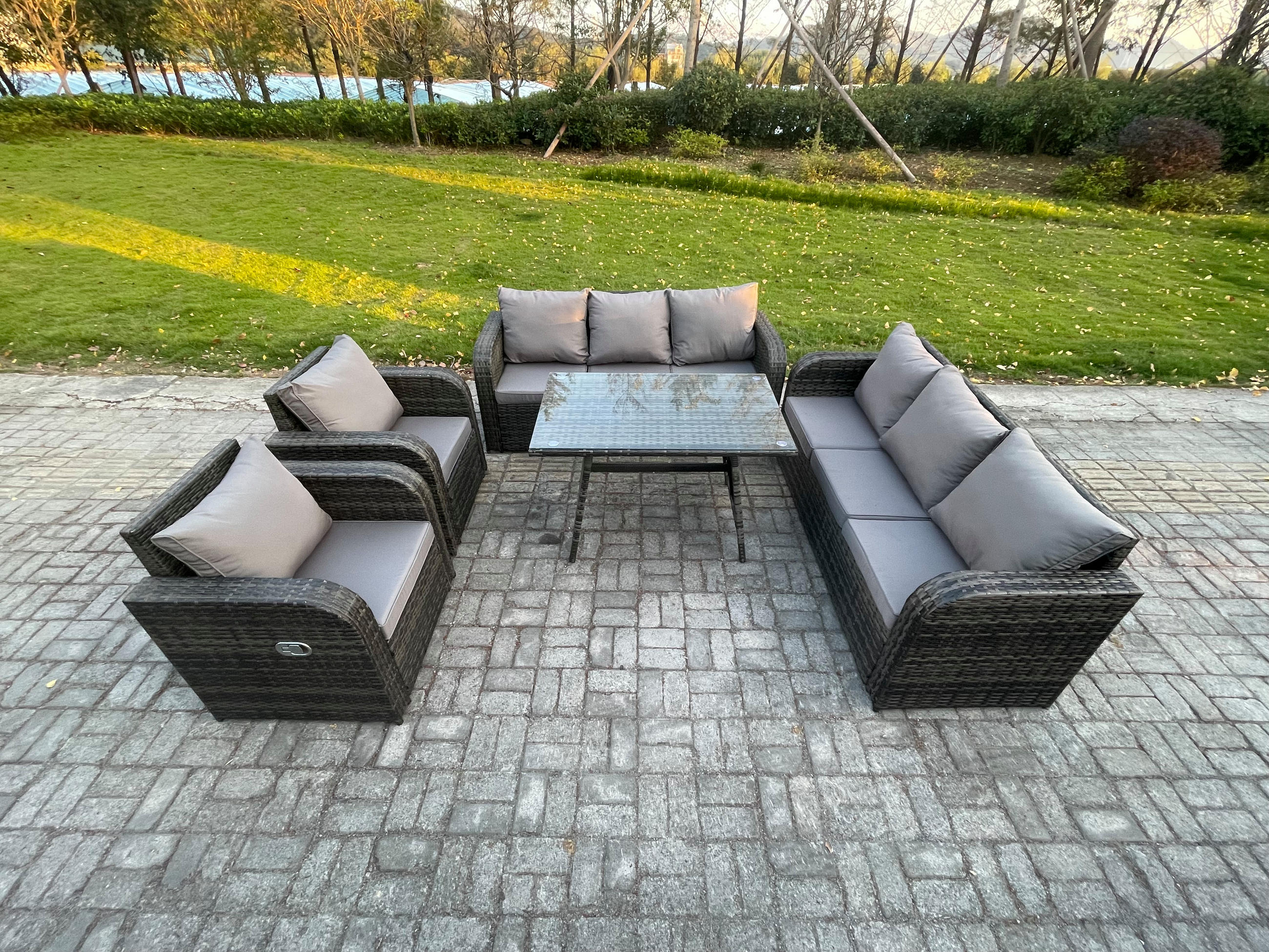 GARTENSET Hohe Rückenlehne Polyrattan 8-Sitzer - Dunkelgrau/Grau, Glas/Kunststoff - Fimous