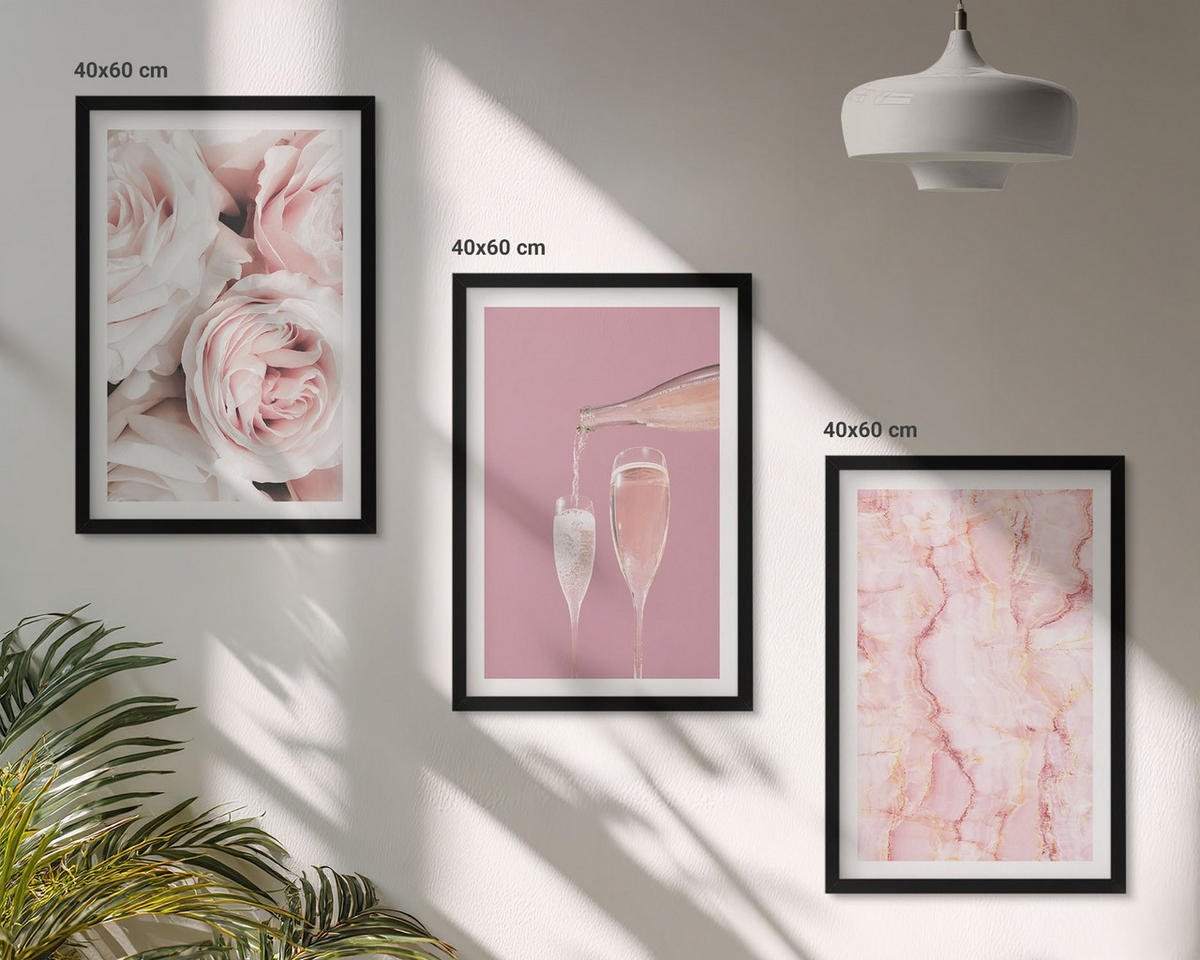 BILDER SET 3er Set - 40x60 cm Schwarzer Rahmen - Champagnerfarbene Rosen, Marmorhintergrund - Schwarz, Kunststoff (40/60cm) - TULUP