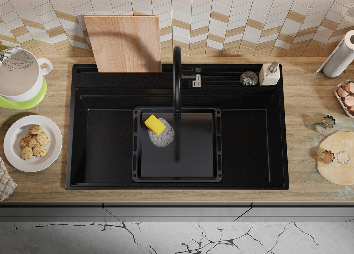 GRANITSPÜLE Oslo Pocket, 2-er set Schwarz 88/53 cm 1 Becken + Küchenarmatur 40/20 cm + Ablauf-Set + Küchenzubehörset ab 90er Unterschrank - Chromfarben/Beige, Kunststoff (88/20/53cm) - Primagran