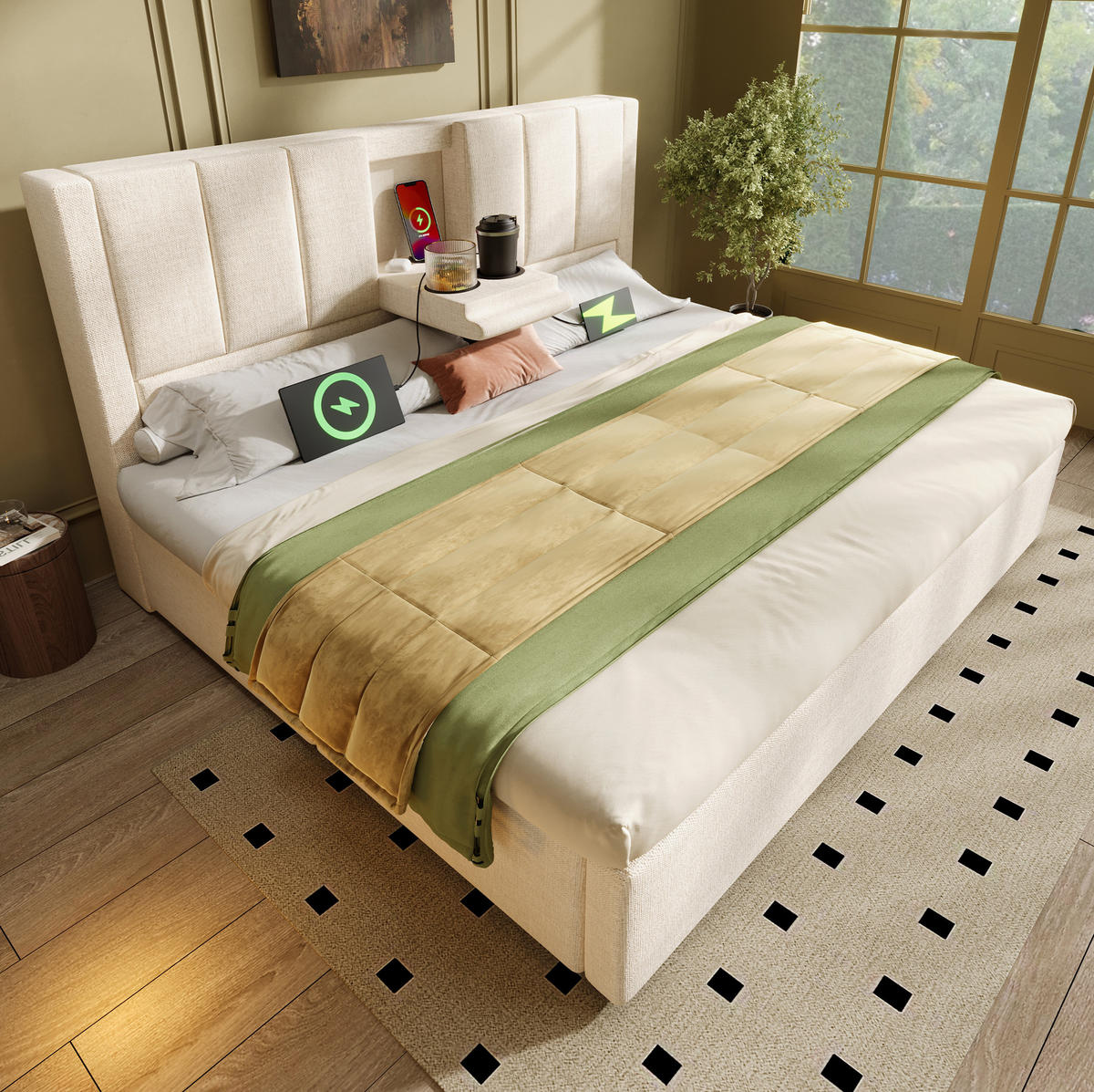 POLSTERBETT mit Stauraum und Ladestation 160x200 cm Leinen Beige mit Matratze - Beige, Metall (160/200cm) - Beauniv