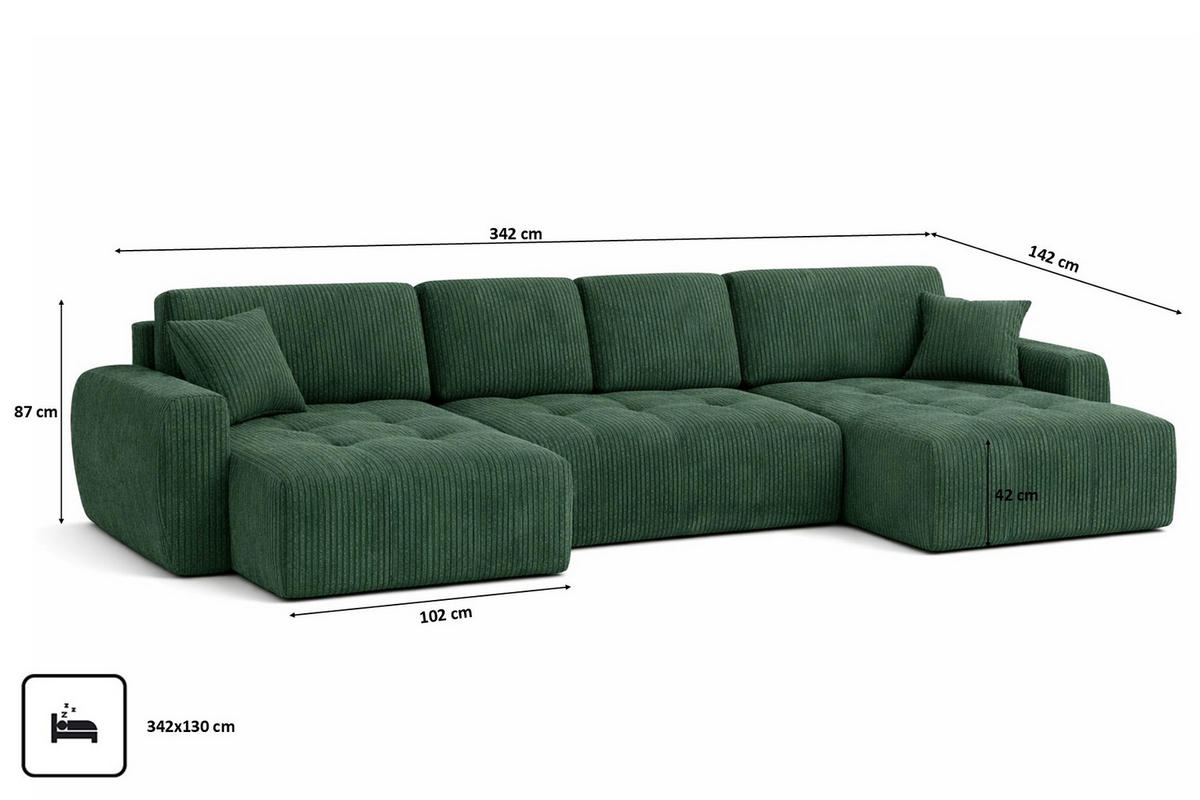 ECKSOFA Mit Schlaffunktion Und Bettkasten U-Form Ivo U, Cordstoff Poso, Grün - Grün, Holz (342/142cm) - Kaiser Möbel