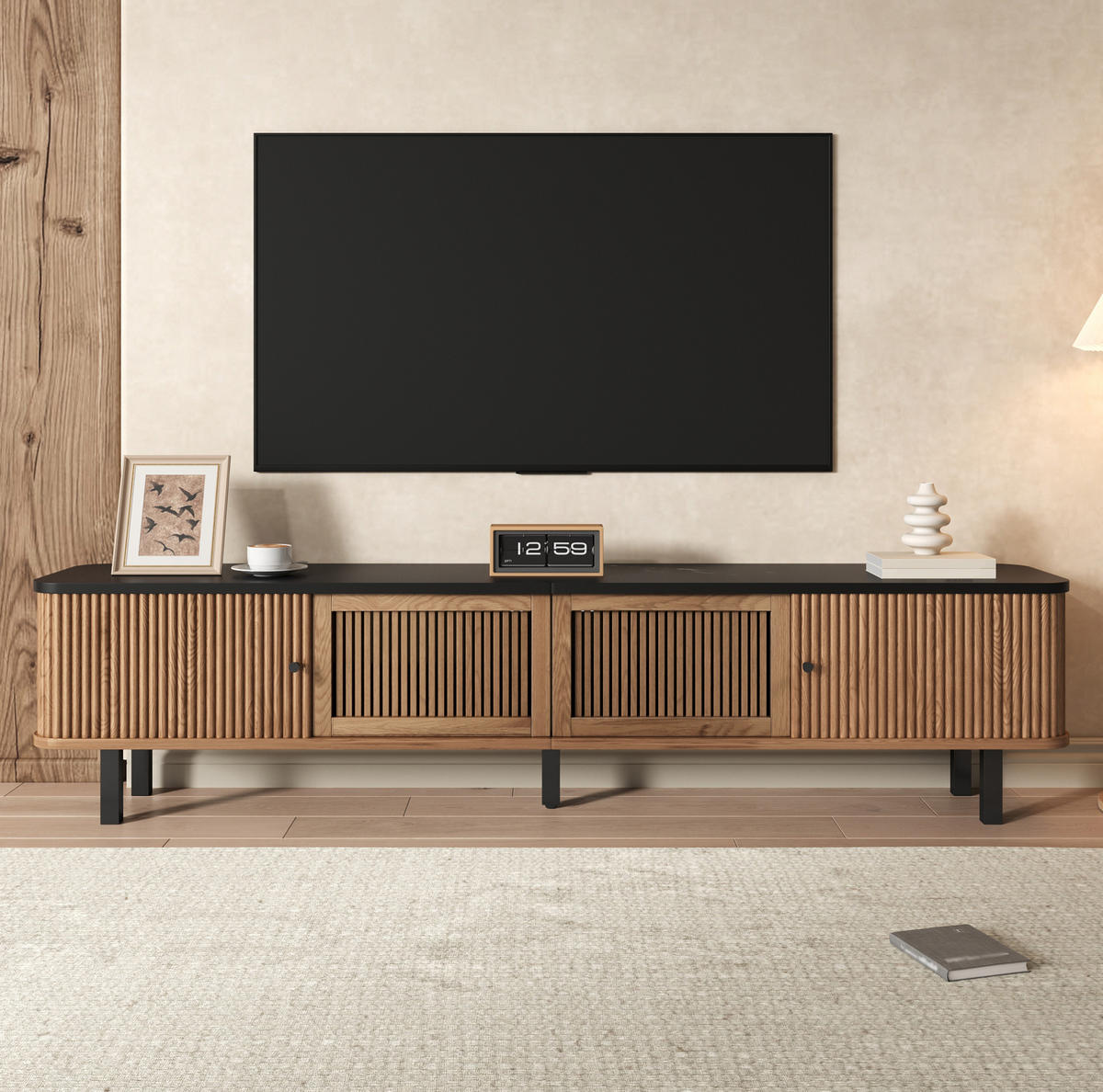 TV ormarić 190/35/45 cm boja hrasta od MDF-a i iverice s kliznim i rešetkastim vratima - smeđa, drvni materijal (190/45/35cm) - OKWISH