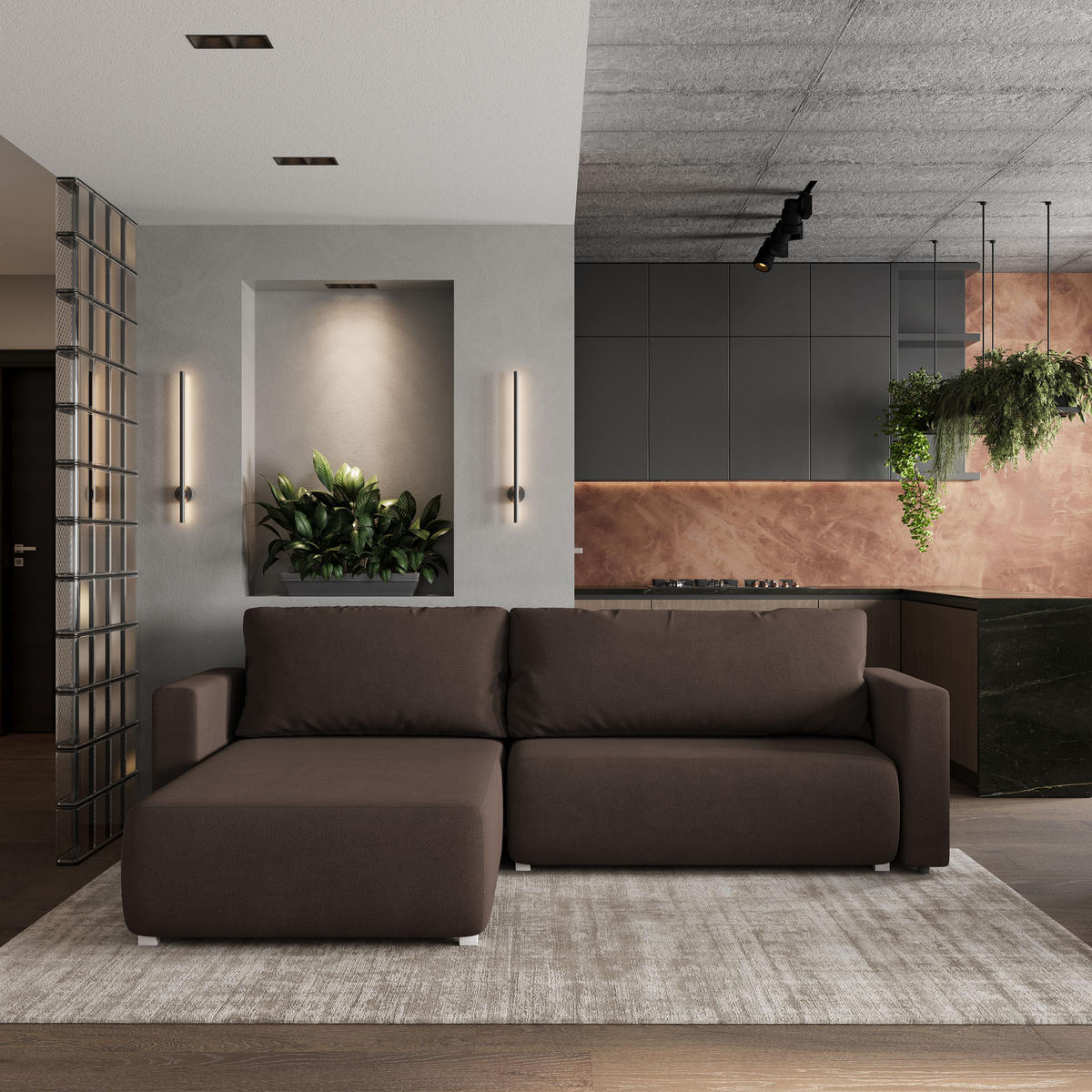 ECKSOFA TURIN Braun Geflochtener Stoff mit Schlaffunktion - Braun, Holz (265/183cm) - MASSENO