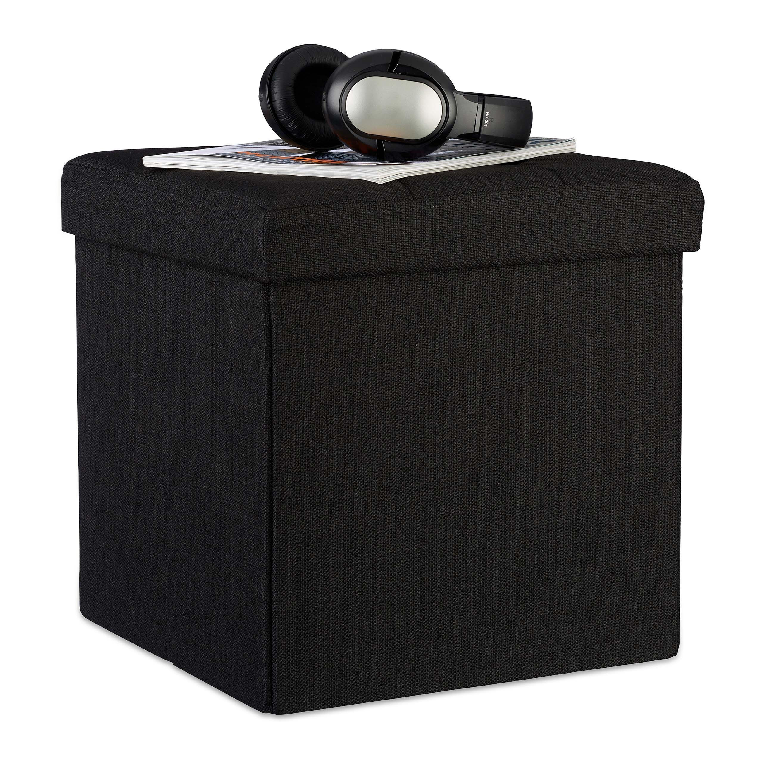 SITZHOCKER Schwarz Leinen faltbar Stauraum - Schwarz, Holzwerkstoff/Textil (38/38/38cm) - Relaxdays