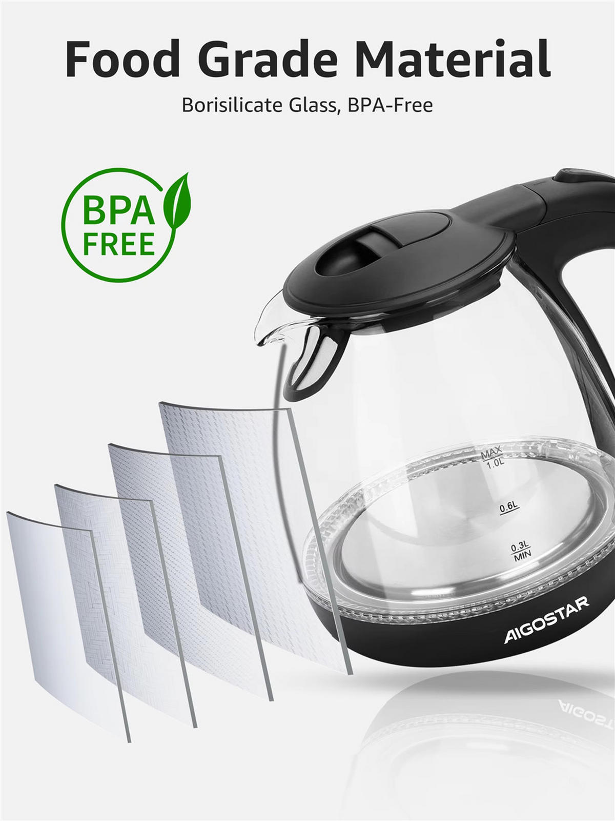 WASSERKOCHER Glas Mini 1L 2200W LED BPA-frei Schwarz - Schwarz, Glas (21.5/22.1/17.5cm) - Kaket