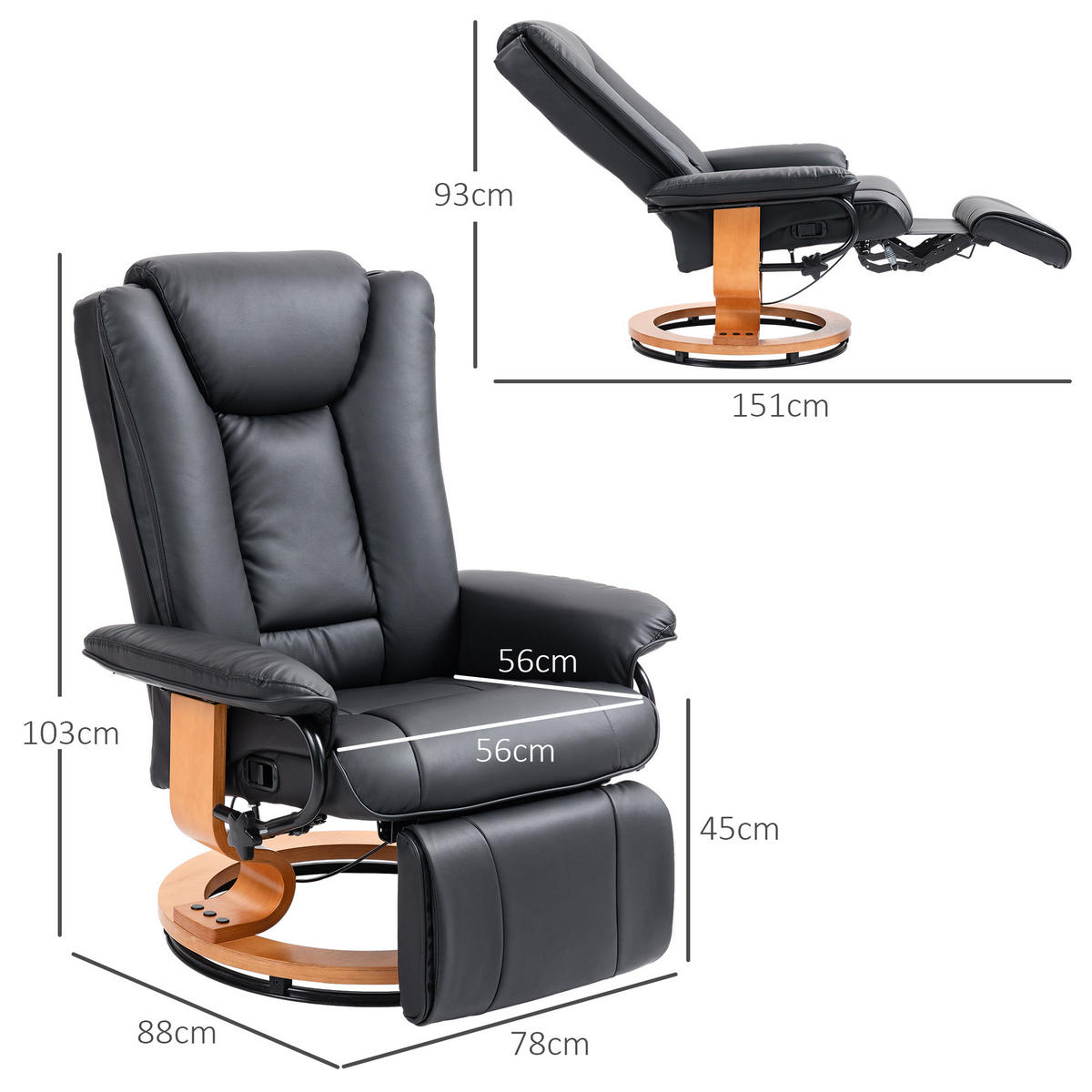 RELAXSESSEL Drehbar Fernsehsessel mit Liegefunktion, Fußstütze, Schwarz - Schwarz, Leder (88/103/78cm) - HOMCOM