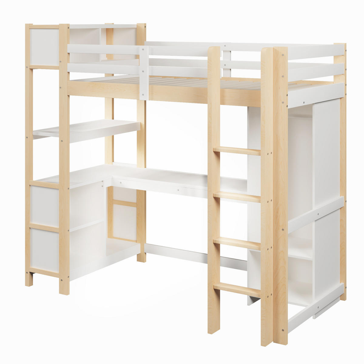 HOCHBETT 90/200 cm, Natur mit Schreibtisch, Regalen, Kleiderschrank, ohne Matratze - Weiß, Holz (90/200cm) - MIVRAY