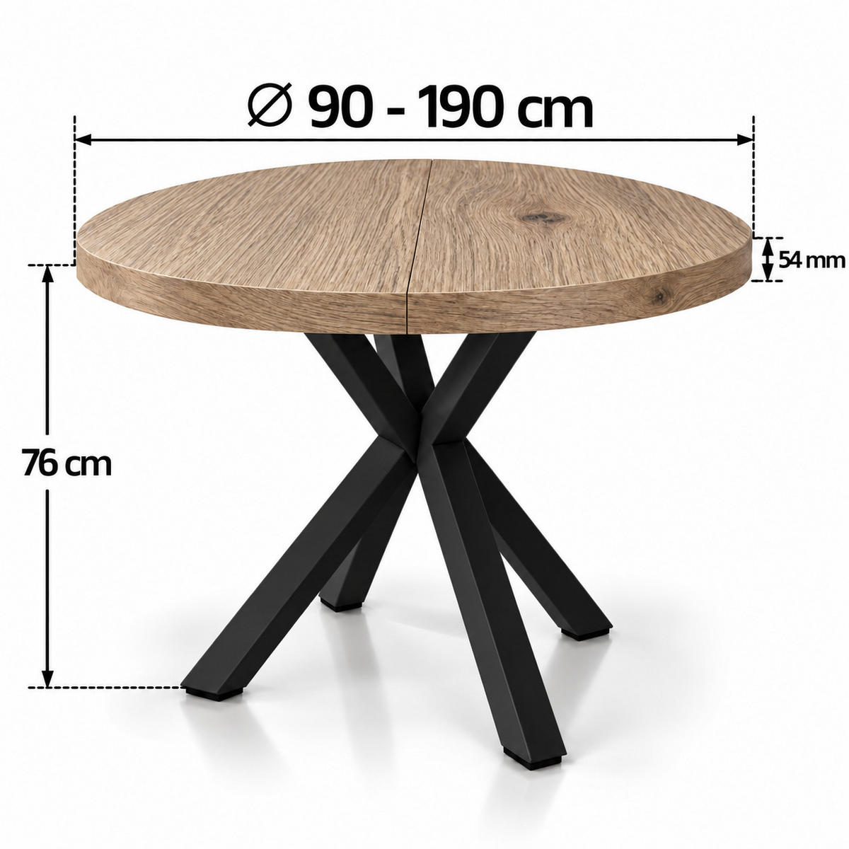 ESSTISCH rund ausziehbar 90/190/76 cm, Braun Halifax Egger, 54 cm Tischplatte + X Metallbeine Schwarz - Eichefarben/Schwarz, Holzwerkstoff/Metall (90/190/76cm) - Damale Möbel