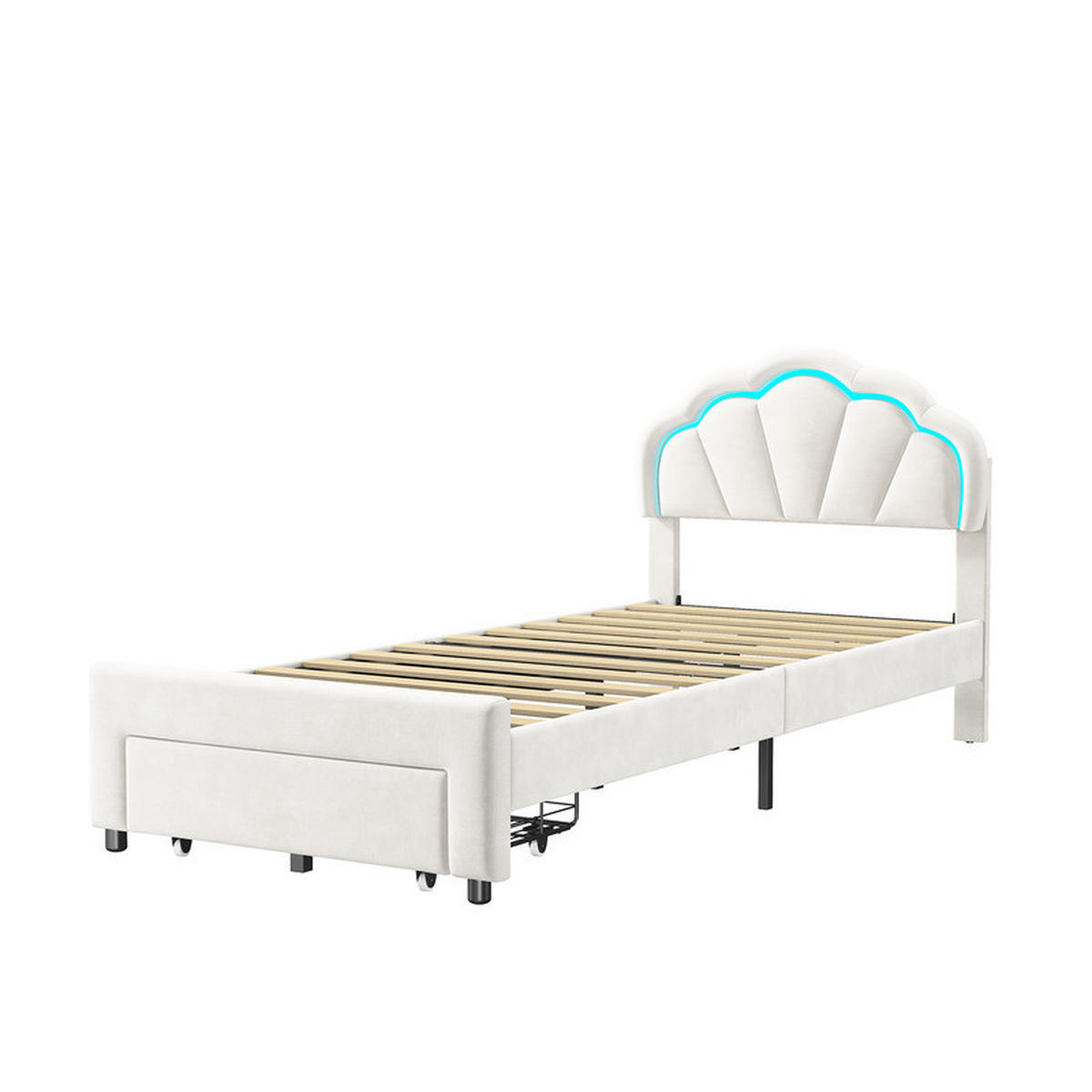 KINDERBETT 90x200cm, Samt, Weiß, Mädchenbett, mit LED-Lichtleiste und Schubladen, Blütenförmiges, ohne Matratze - Weiß, Holz (90/200cm) - WoodenAura