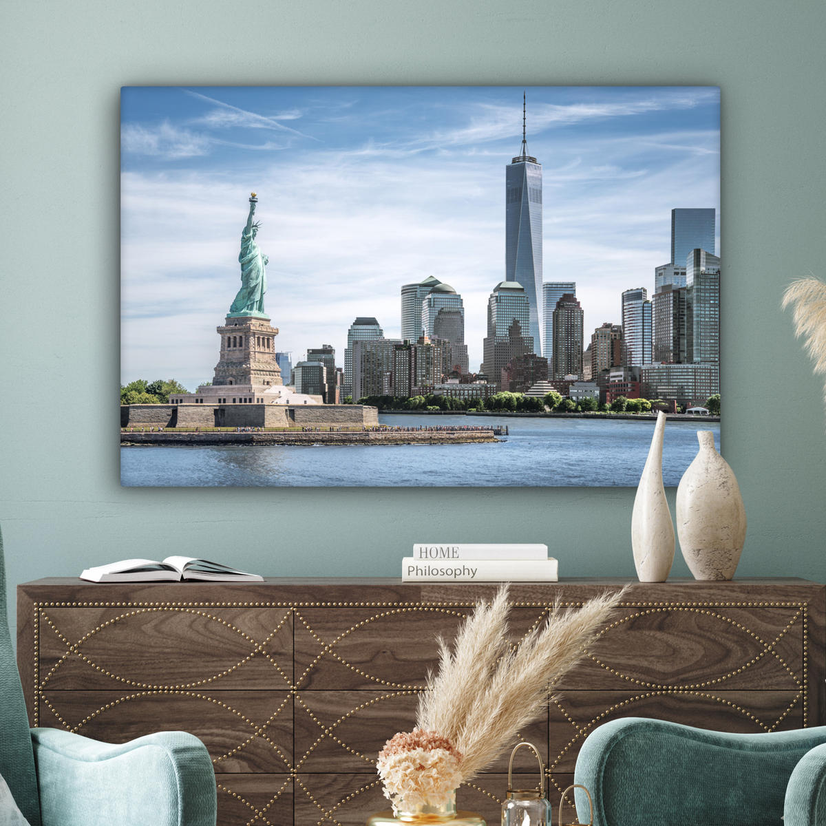 LEINWANDBILD New York - Freiheitsstatue - Wasser XXL 150x100 cm - Hellblau, Textil (150/100cm) - MuchoWow