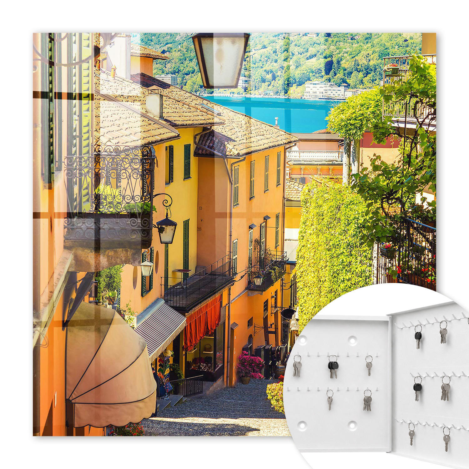 SCHLÜSSELBOX Weiß 30x30 cm – Türöffnung nach rechts - Eine farbenfrohe Stadt - Gelb, Metall (30/30/5cm) - TULUP