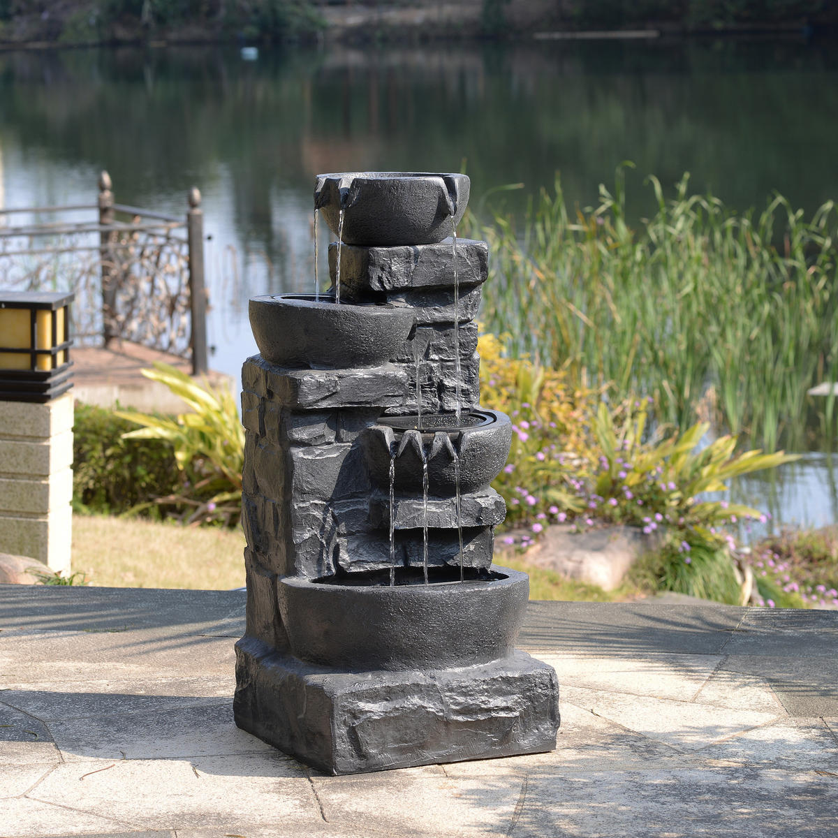 GARTENBRUNNEN 3-stufig dunkelgrau - Grau, Kunststoff (42/40/83cm) - Teamson Home
