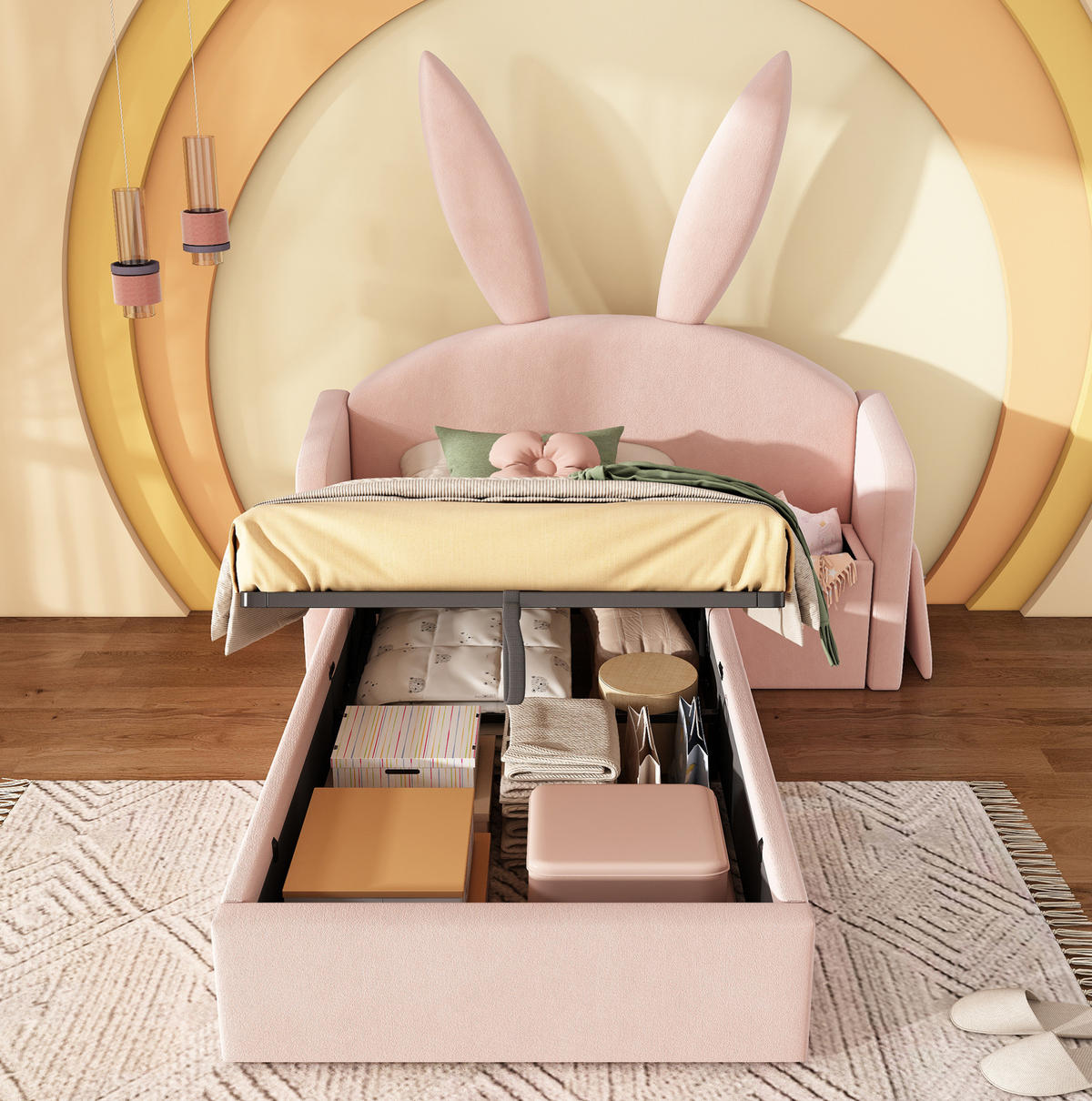 POLSTERBETT 90/200 cm, Rosa mit Nachttisch und Stauraum ohne Matratze - Rosa, Textil (90/200cm) - MIVRAY