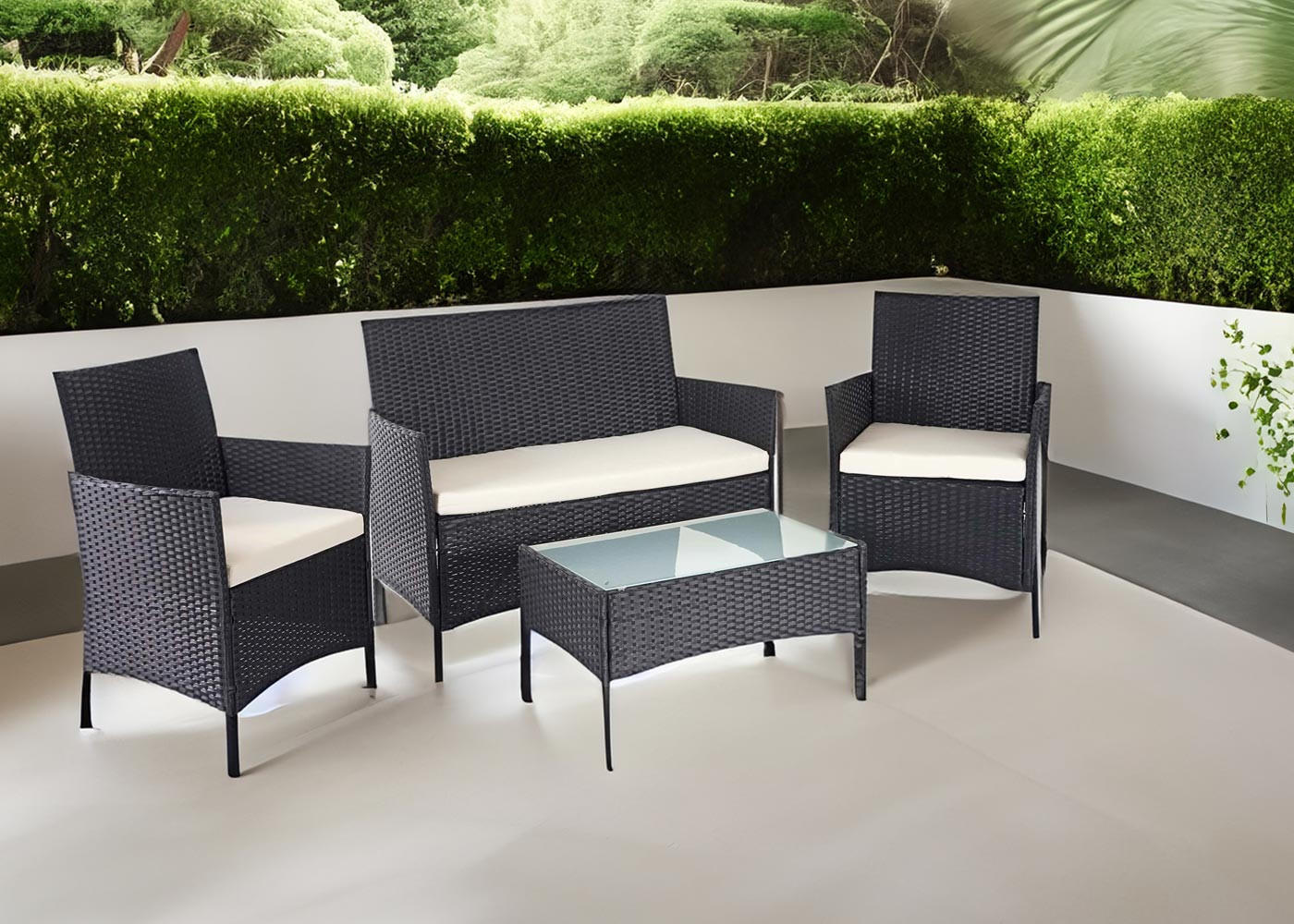 POLY-RATTAN GARNITUR Schwarz, Cremeweiß - Schwarz/Weiß, Kunststoff - MCW