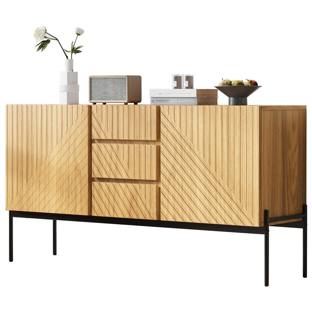 SIDEBOARD mit 2 Türen und 3 Schubladen, Natur, Metallbeine, 140/40/75 cm, Natur - Naturfarben, Holzwerkstoff (140/75/40cm) - Redom