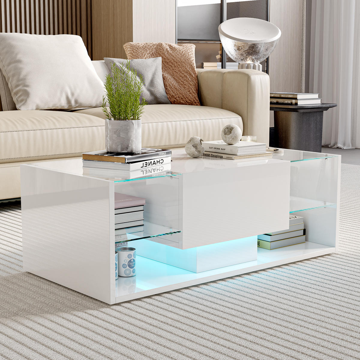 COUCHTISCH Hochglanz Weiß mit LED, Glas & Aufbewahrung - Weiß, Metall (100/50/35cm) - SHOPENTRA