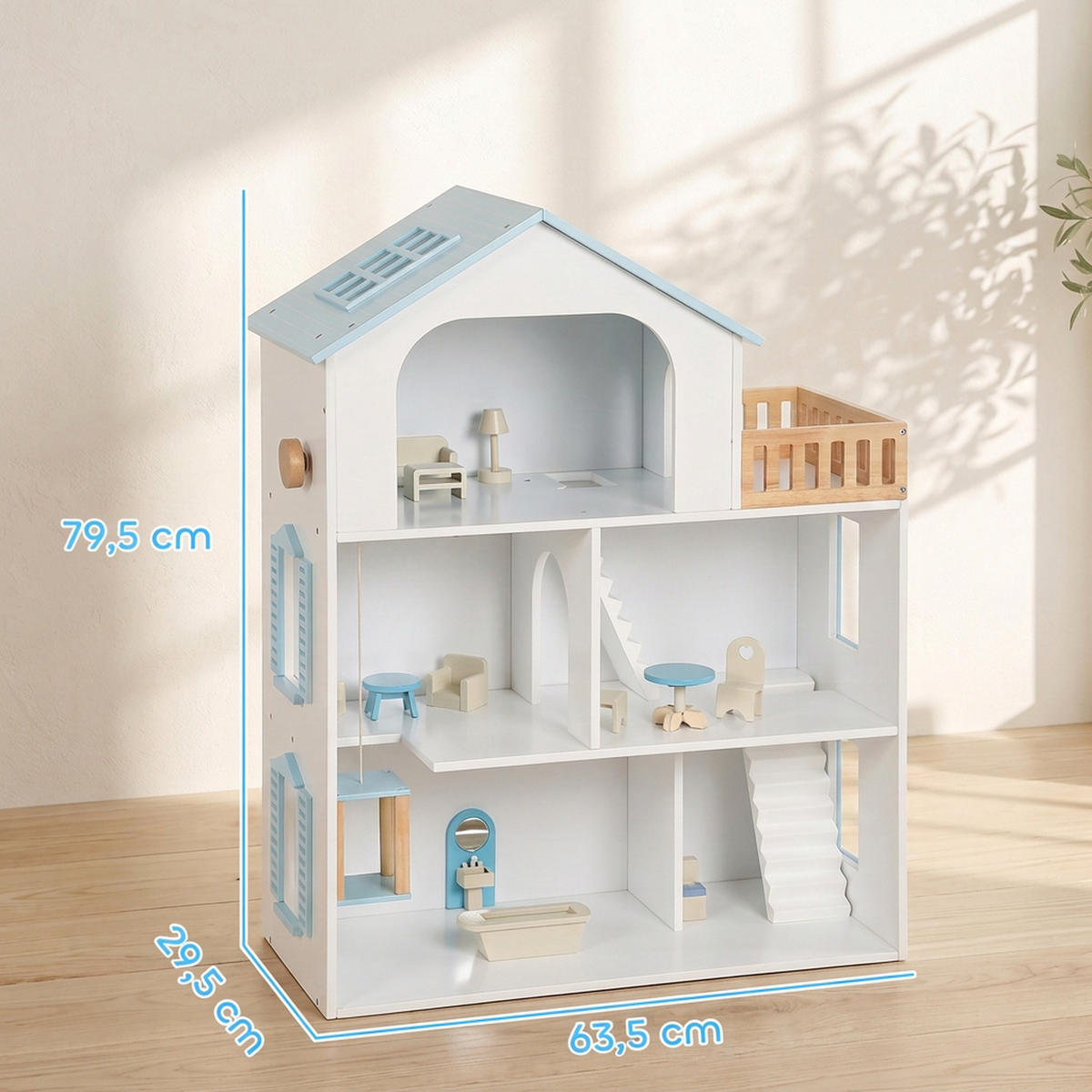 PUPPENHAUS MDF Kiefernholz Blau - Blau, Holzwerkstoff (29.5/79.5/63.5cm) - AIYAPLAY