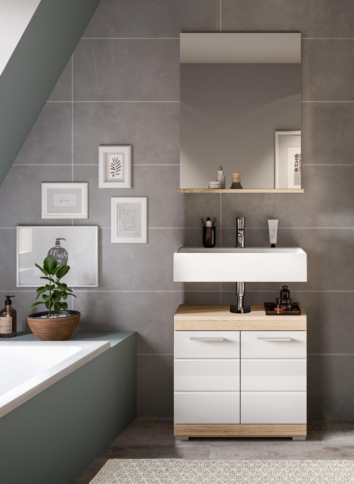 BADMÖBEL-SET weiß Hochglanz, Eiche 2-teilig 60 cm, Kombination mit Spiegel - Weiß Hochglanz/Eichefarben, Holzwerkstoff (60/191/34cm) - Inn.Furn