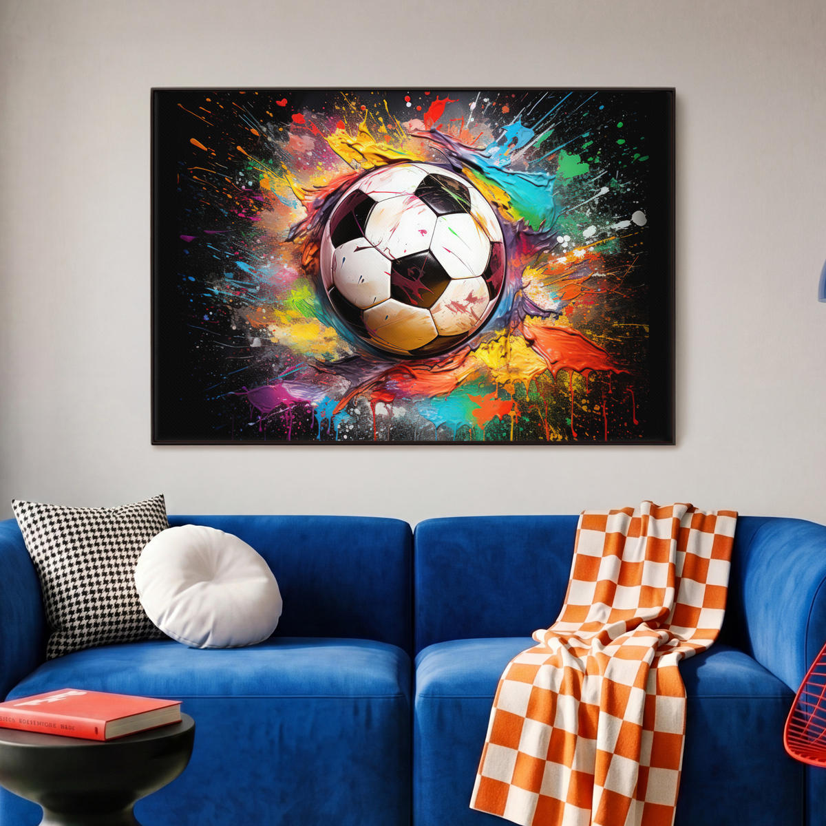LEINWAND Bilder mit Rahmen - Fußball - Farbe - Farben - Schwarz - Weiß - 90x60 - Weiß, Textil (90/60cm) - MuchoWow