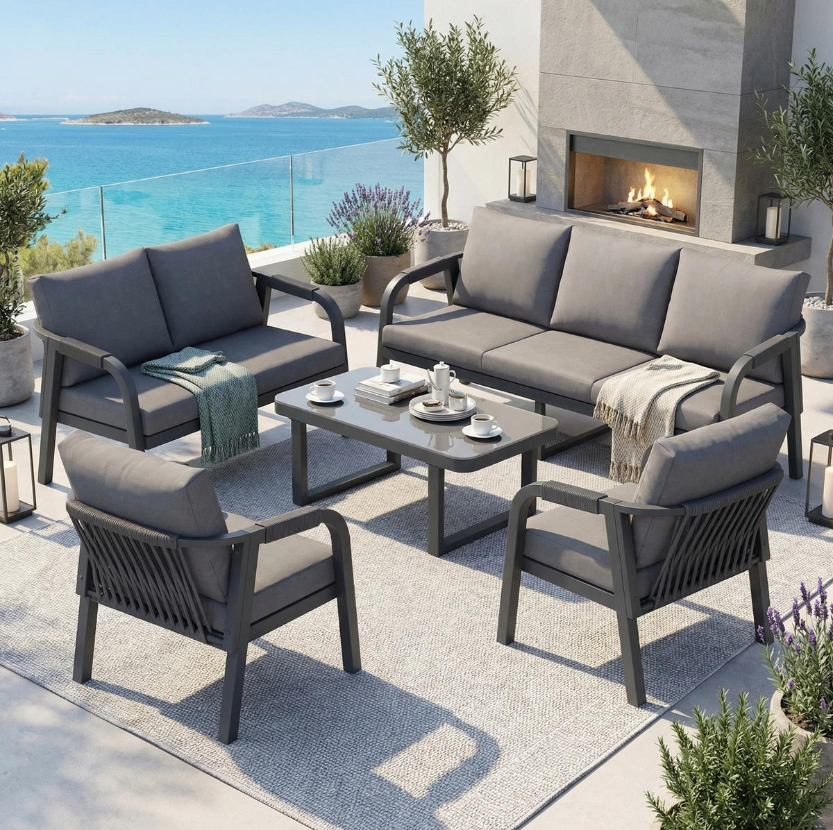 GARTENLOUNGE-SET 172/70/76 cm grau aus Polyester mit Seilgeflecht und Glas-Couchtisch - Grau, Metall - OKWISH