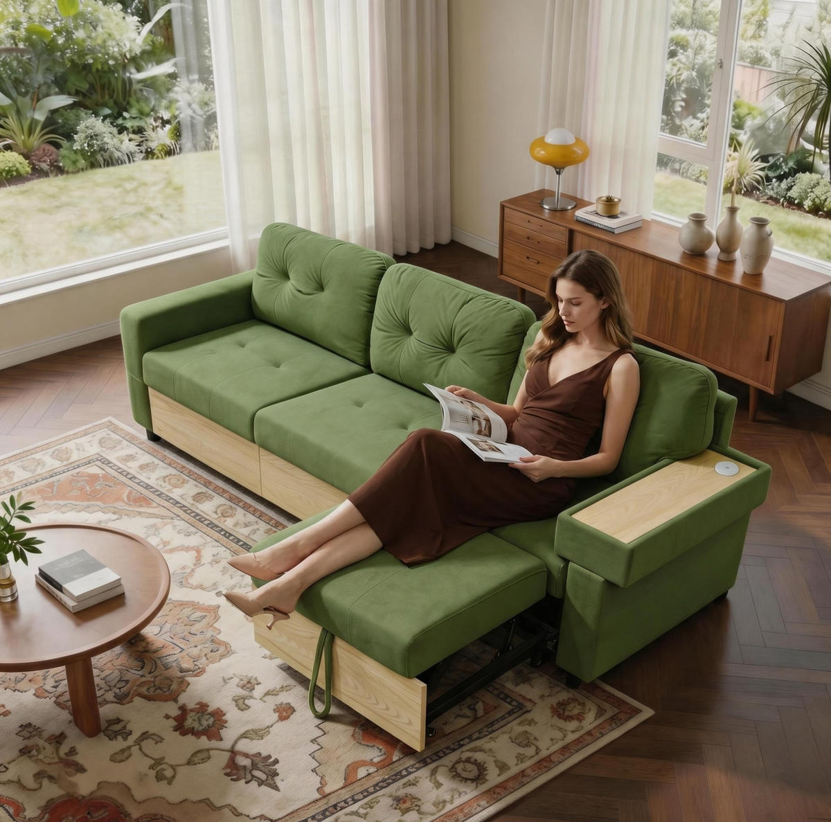 ECKSOFA 228/80/78 cm aus Samt mit ausziehbarer Ottomane und USB-Anschluss Grün - Grün, Textil (80/228cm) - Modenvie