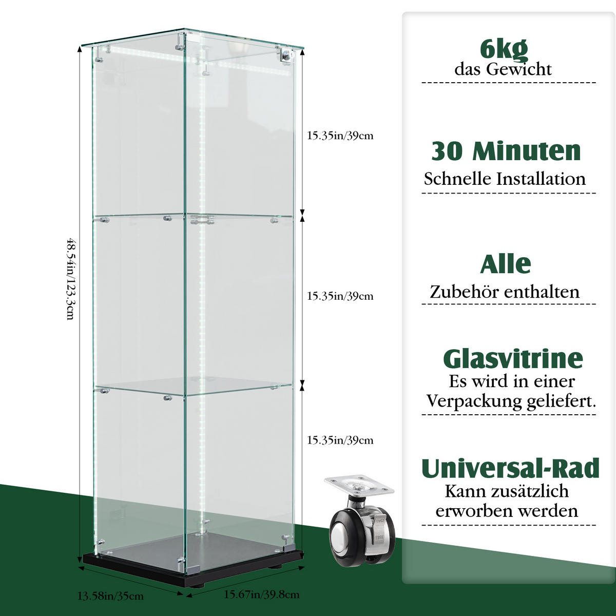 VITRINE, 3 Einlageplatten, einflügelige Glastür mit Schloss, Touch-Spot-Leuchten, Schwarz - Schwarz, Glas (39.8/123.3/35cm) - BRILVERDE