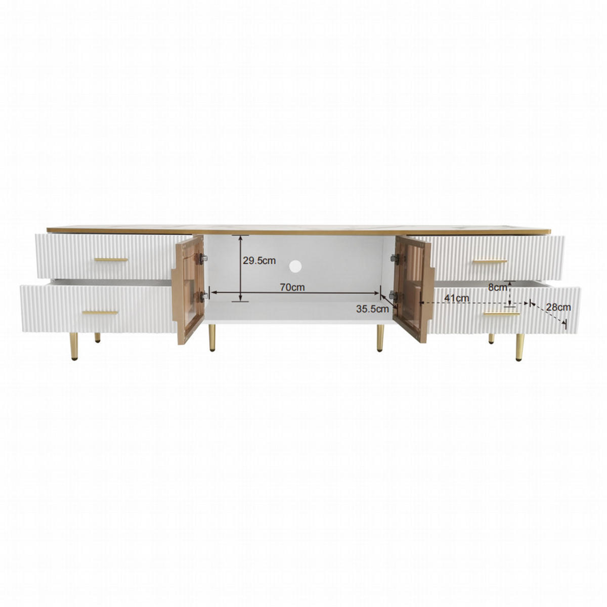 TV-SCHRANK 170x37cm Marmoroptik 4 Strukturschubladen goldene Griffe Glastüren - Weiß, Holz (40.5/24.5/87cm) - FLIEKS