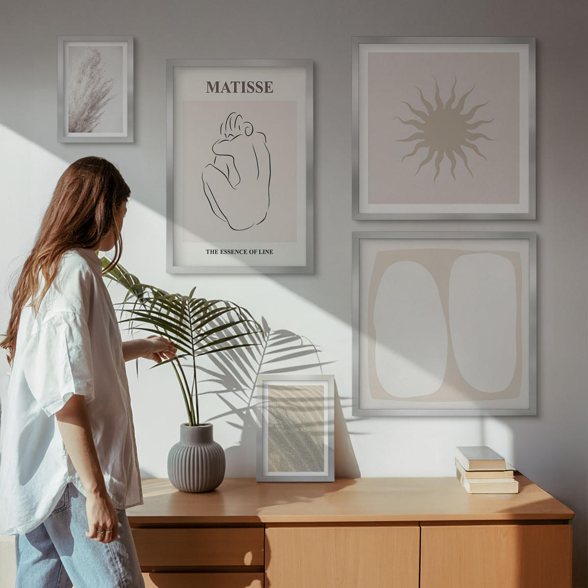BILDER SET 5er Set - 50x50 cm & 20x30 cm & 40x60 cm Silberner Rahmen - Minimalistische Sandwellen - Silberfarben, Kunststoff (40/60cm) - TULUP
