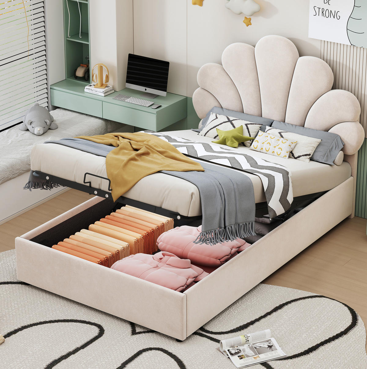 KINDERBETT 90/200 cm Beige mit Samtbezug höhenverstellbarem Kopfteil und hydraulischem Stauraum - Beige, Textil (90/200cm) - OKWISH