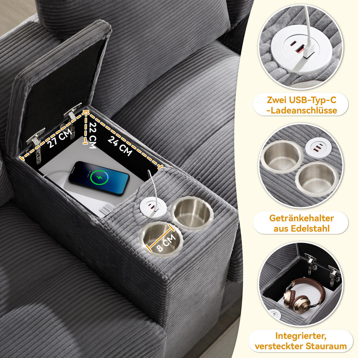 WOHNLANDSCHAFT U-Form Cord mit Stauraum und USB-Anschluss 293/142/93 cm Grau - Grau, Kunststoff/Textil (93/293/142cm) - Redom