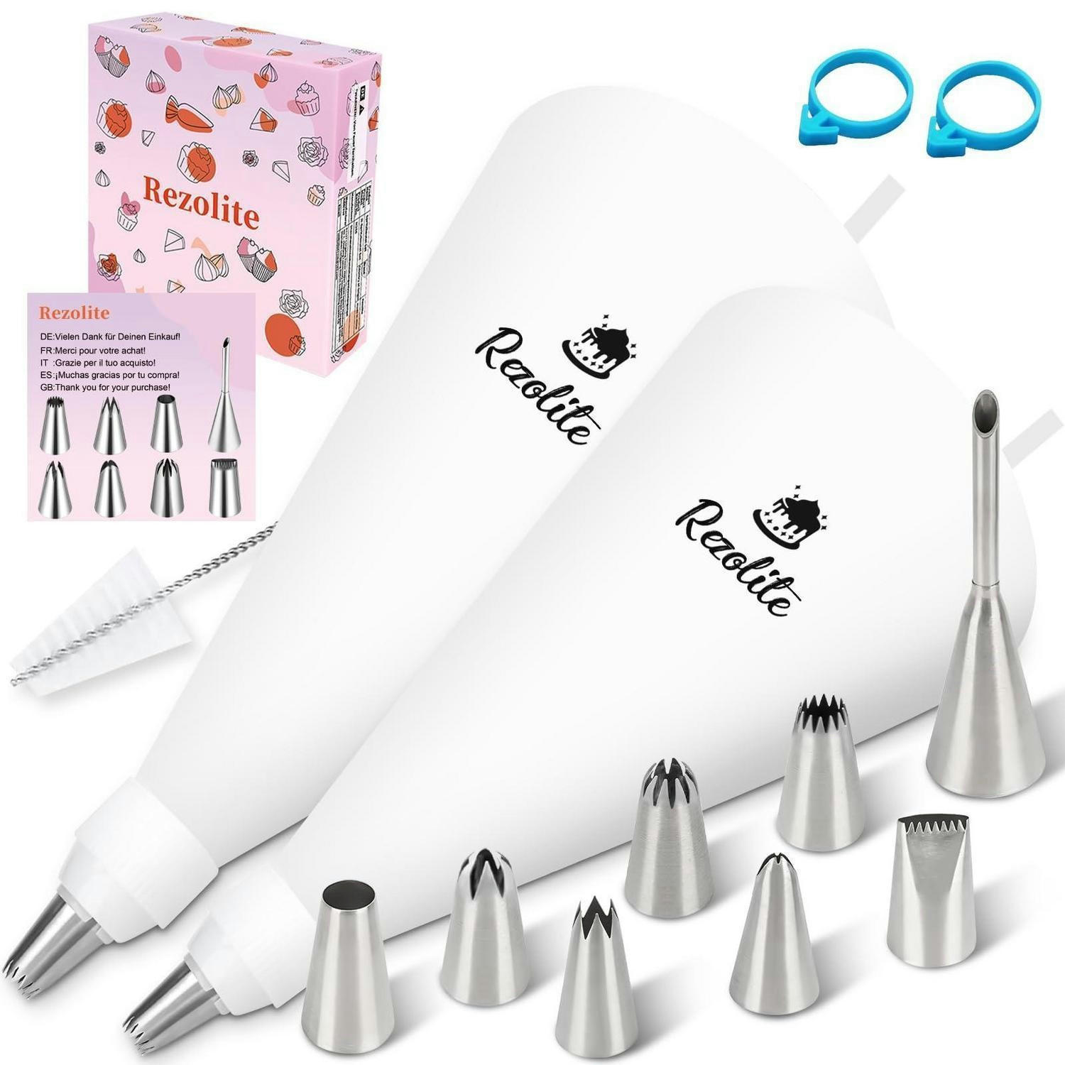 SPRITZBEUTEL-SET 15-teilig mit 2 Spritzbeuteln 30cm+35cm und 8 Edelstahl-Tüllen - Weiß, Kunststoff (23/1/35cm)