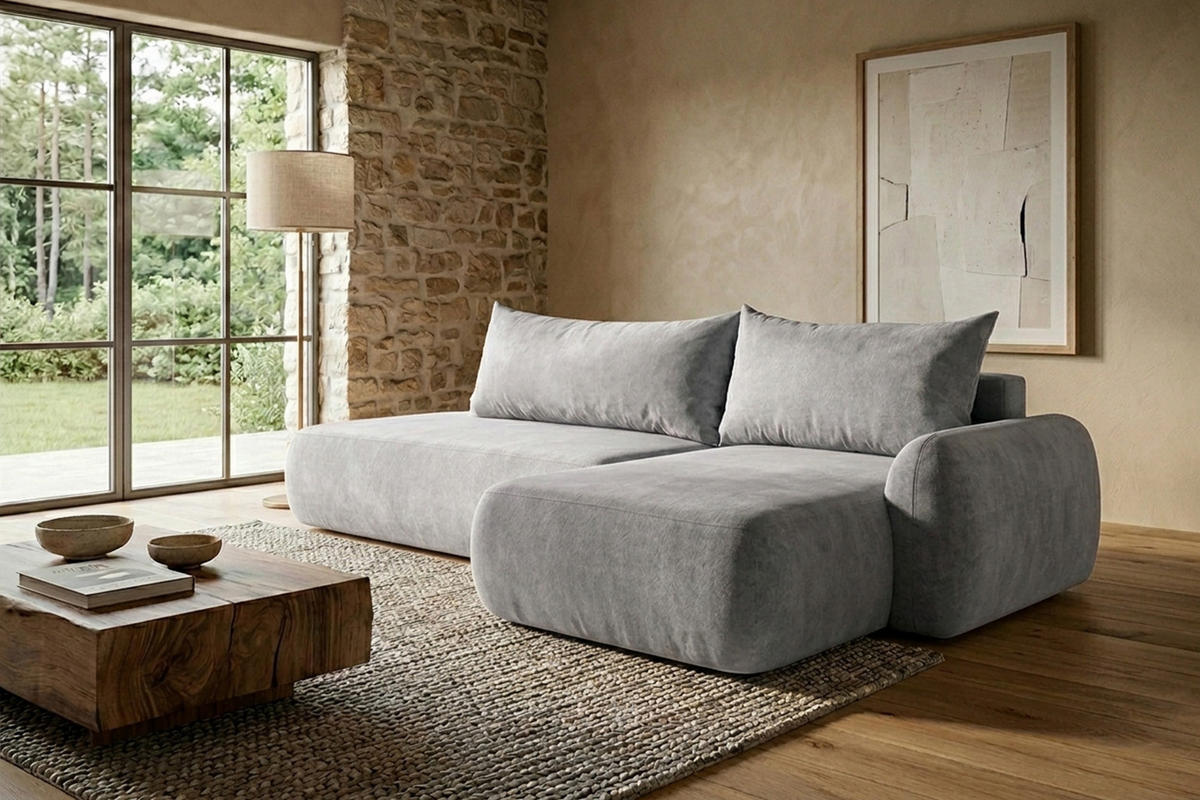 ECKSOFA Mit Schlaffunktion Und Bettkasten, Velvet-Stoff Vena, Grau, Rechts, HELA I - Grau, Holz (302/184cm) - Kaiser Möbel