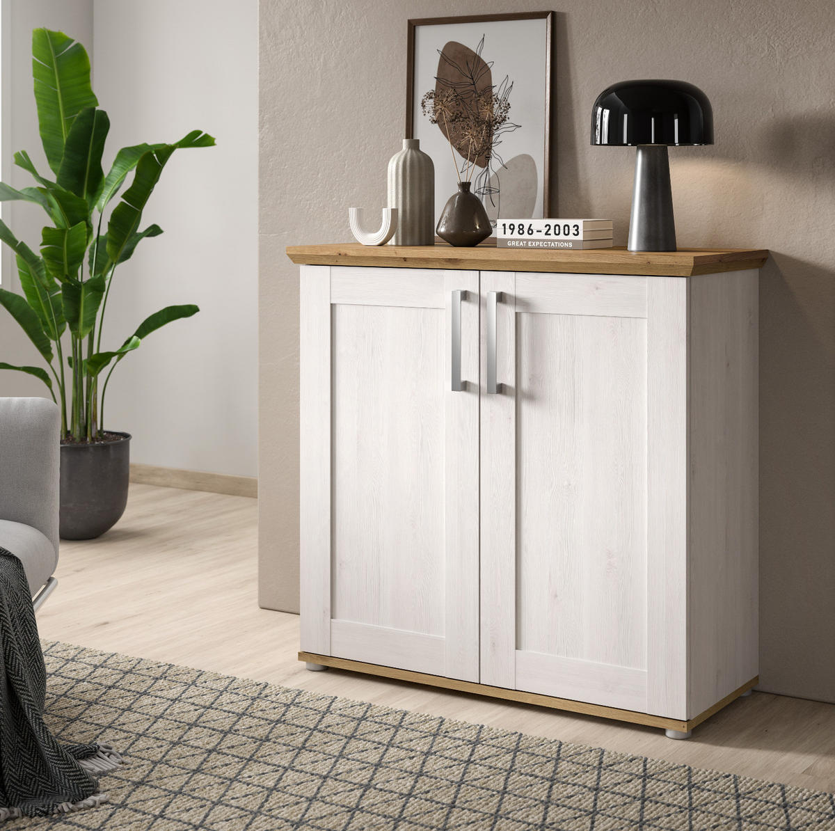 KOMMODE weiß Lärche, Eiche Artisan 95 cm, Sideboard im Landhaus-Stil - Silberfarben/Weiß, Holzwerkstoff/Kunststoff (95/92/39cm) - Inn.Furn