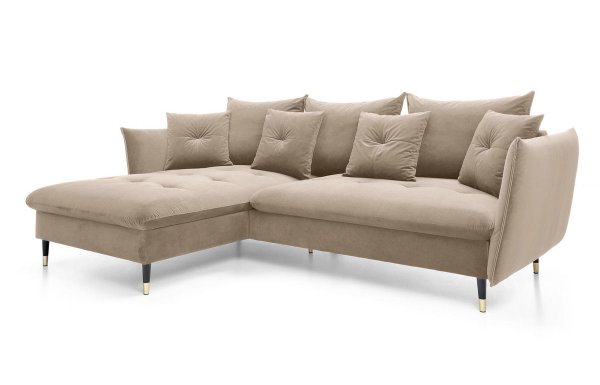 ECKSOFA GLAM mit Schlaffunktion, Ottomane & goldenen Füßen – Samtsofa im Glamour-Stil mit Zierkissen, 258x167x91cm, Linke, BEIGE - Beige, Holz/Textil (167/258cm) - DomoHome