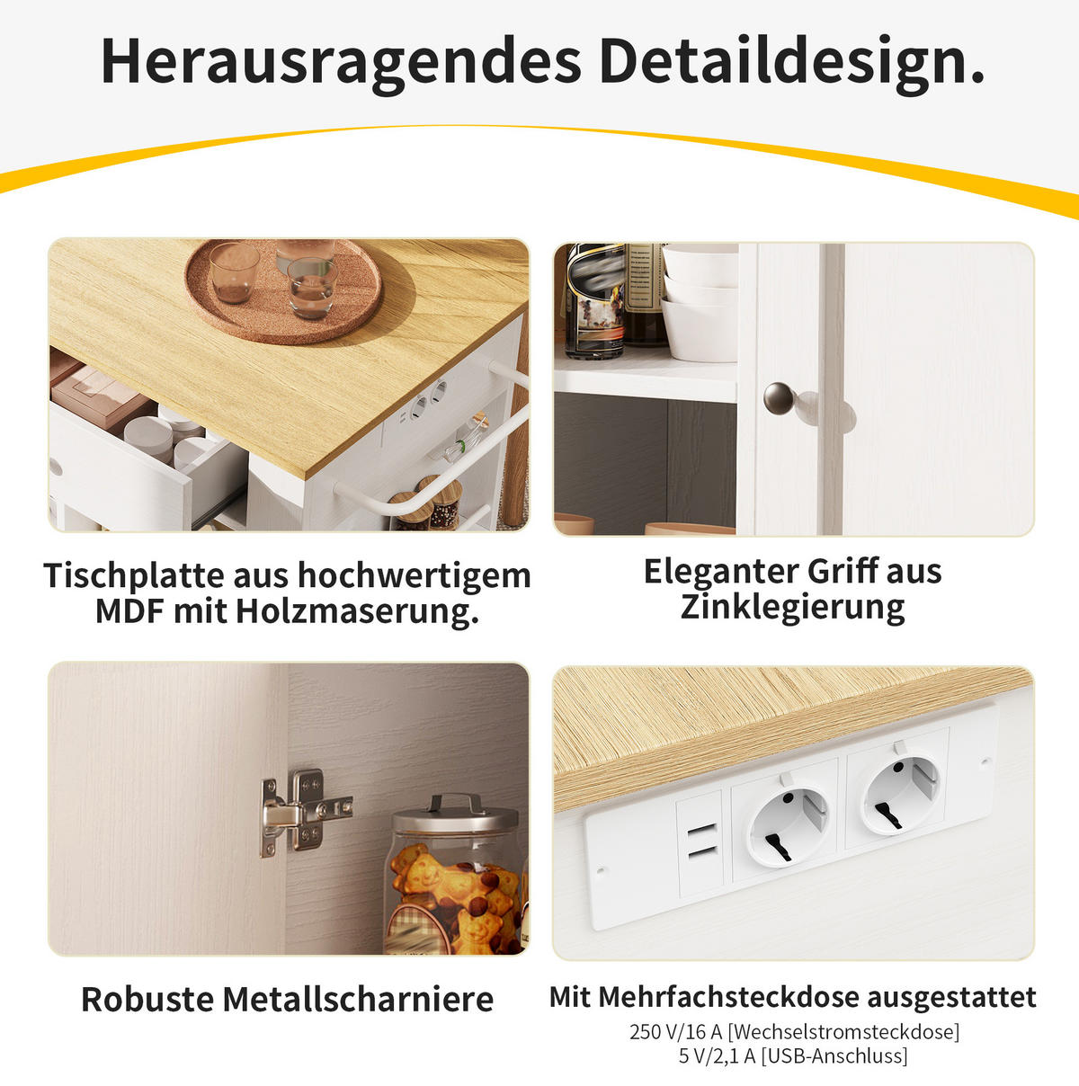 KÜCHENINSEL 151,5/59,7/91,7 cm aus MDF/Metall mit klappbarer Tischverlängerung Weiß/Natur - Weiß, Holzwerkstoff (151.5/91.7/59.7cm) - Modenvie