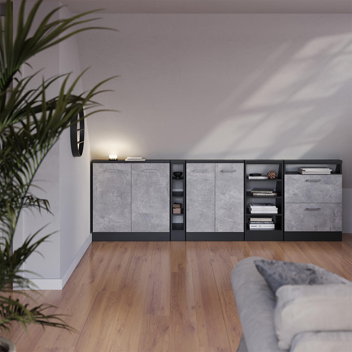 SADA SKŘÍNÍ PRO ŠIKMOU STŘECHU Rion Beton/antracit - šedá, kompozitní dřevo (140/81.6/46cm) - Vicco