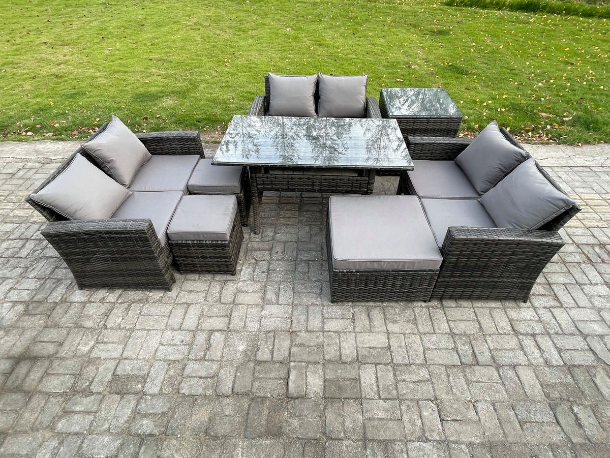 GARTENMÖBELSET mit Zweisitzer,3 Hockern,Esstisch,Beistelltisch Polyrattan Dunkelgrau 9-Sitzer - Dunkelgrau/Grau, Glas/Kunststoff - Fimous