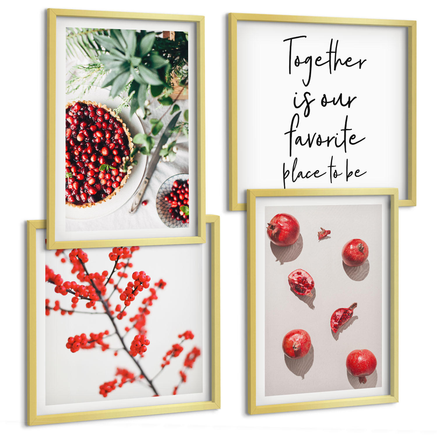 BILDER SET 4er Set - 50x50 cm & 40x60 cm Goldrahmen - Minimalismus der roten Früchte von Pflanzen - Goldfarben, Kunststoff (50/50cm) - TULUP