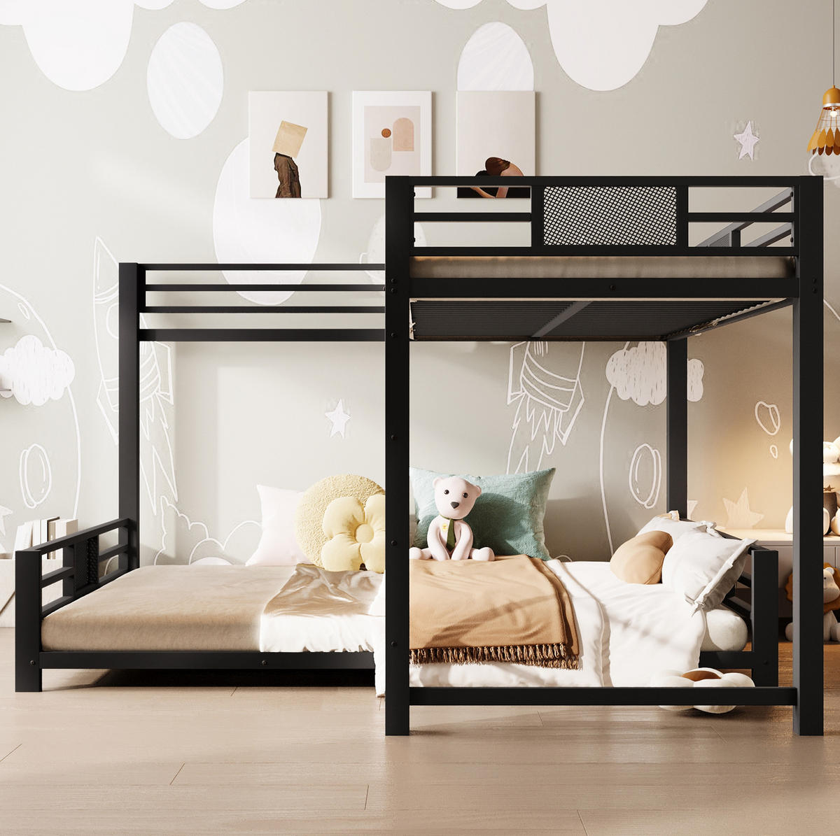 ETAGENBETT 90/200 über 140/200 cm in Schwarz aus Metall, L-Form - Schwarz, Metall (140/200cm) - OKMYHOME