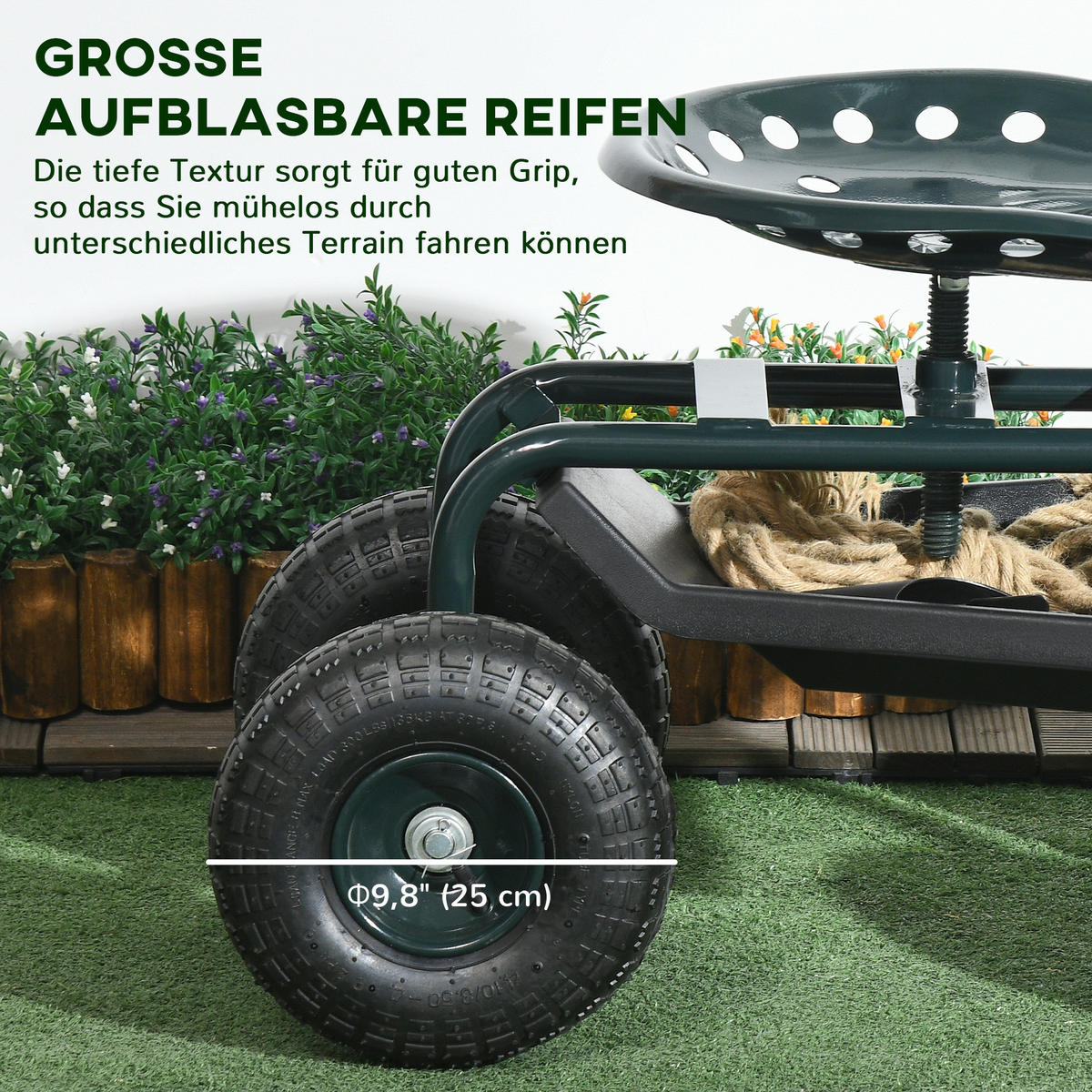WERKSTATTWAGEN mit Ablage Korb fahrbar für kleine Gartengeräte Stahl Grün - Dunkelgrün, Naturmaterialien/Metall (36.5/60/83cm) - Outsunny