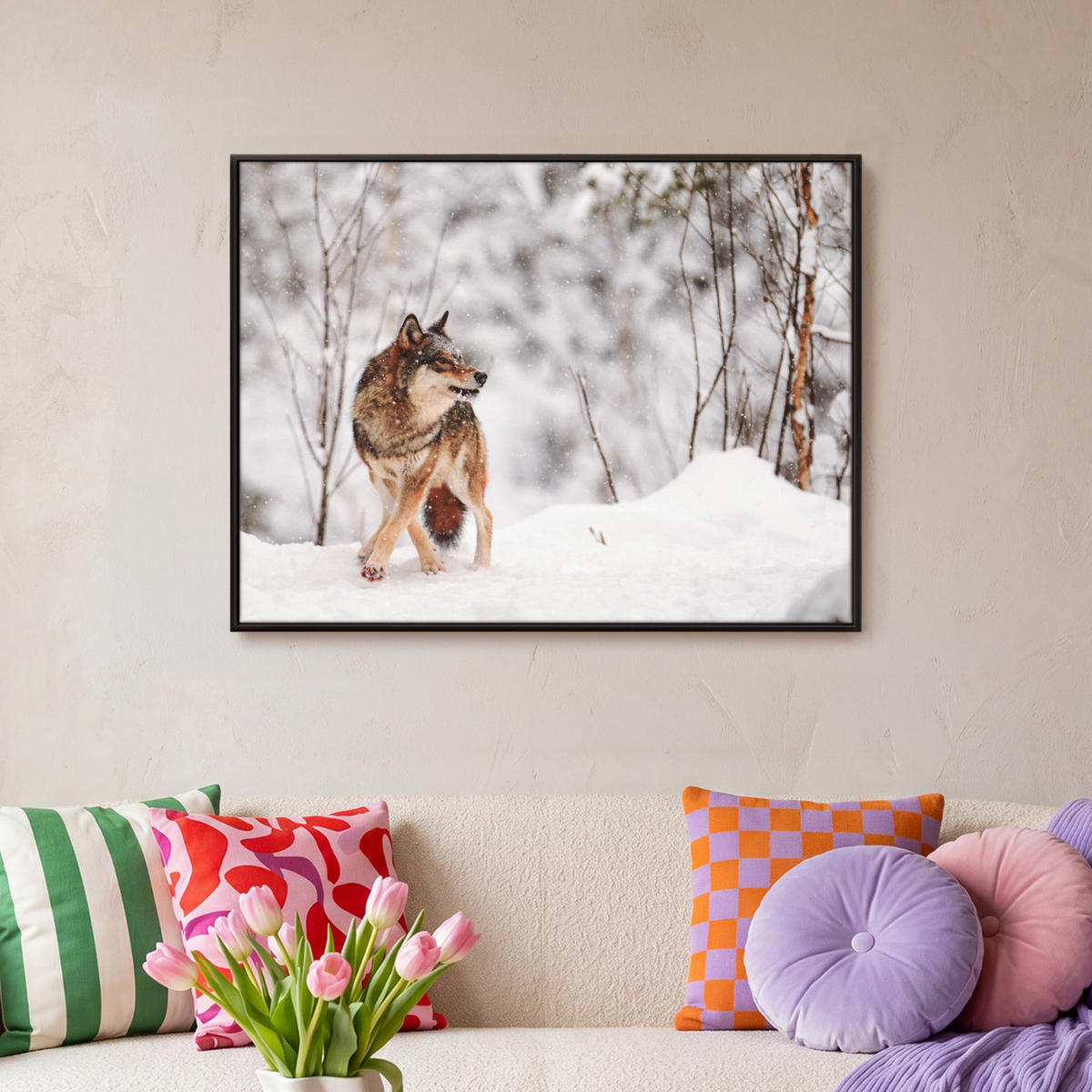 LEINWAND Bilder mit Rahmen - Wolf - Winter - Schnee - Natur - Tiere - 70x50 - Haselnussfarben, Textil (70/50cm) - MuchoWow