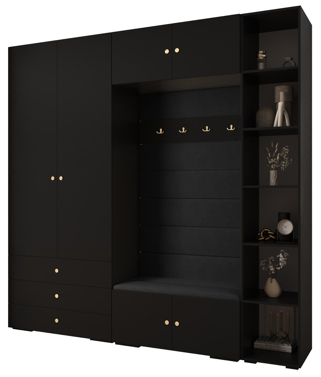 Abiks Möbel Garderoben-Set Schwarz, Schwarz, Gold 240x236.7x47 cm