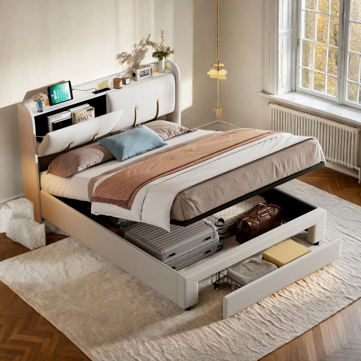 POLSTERBETT 140 x 200 cm, mit USB-Anschluss und LED-Beleuchtung, 2 Schubladen und hydraulischem Stauraum, beige, Samt. - Beige, Holz (140/200cm) - WoodenAura