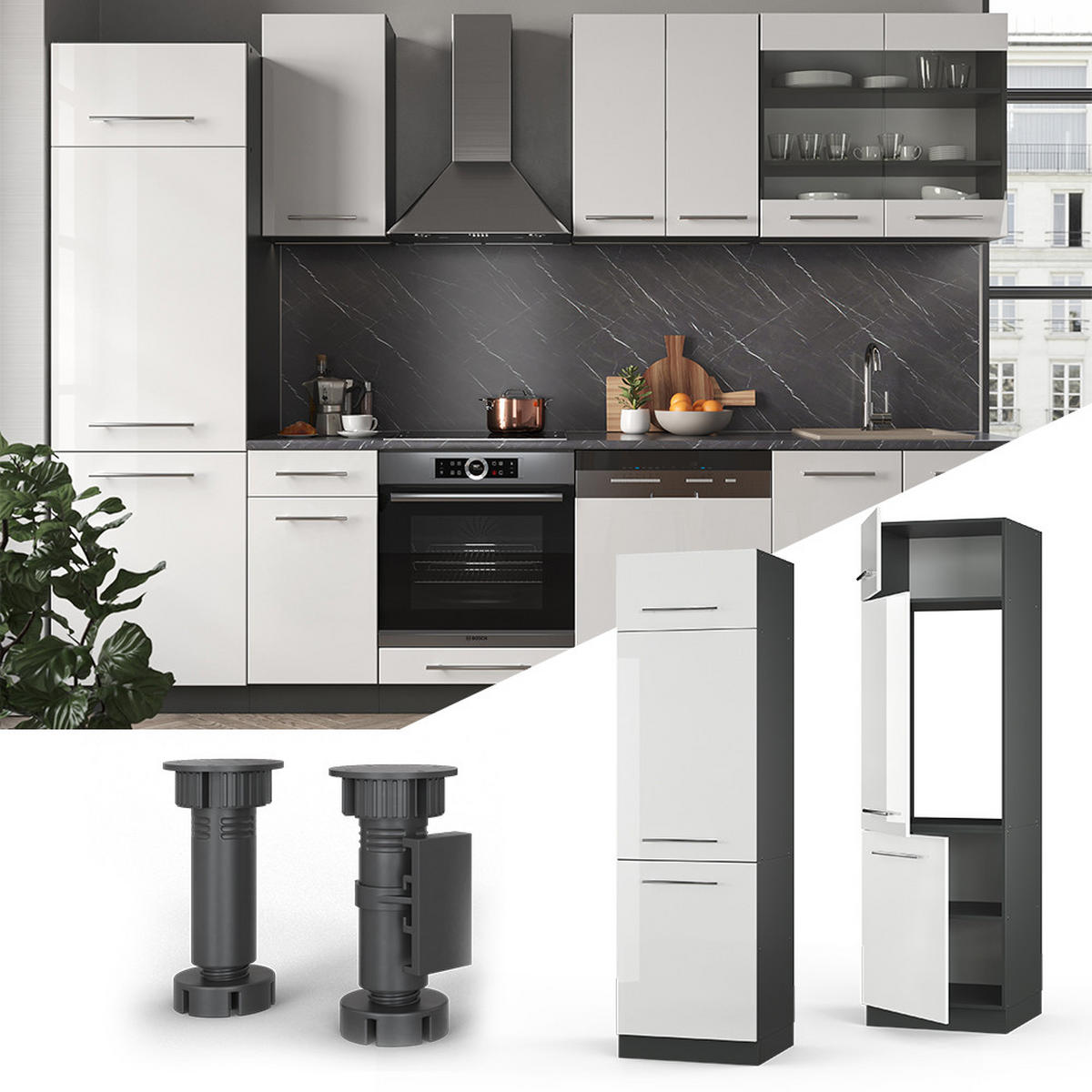 KÜCHENSCHRANK Fame-Line Weiß Hochglanz 60 cm - Weiß Hochglanz/Anthrazit, Holzwerkstoff (60/206.8/58.1cm) - Vicco