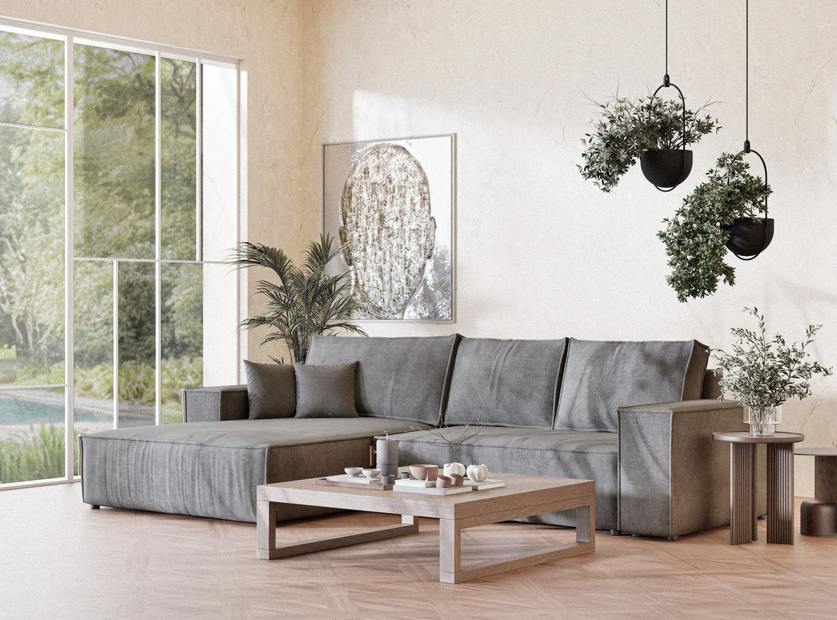 ECKSOFA Maze Grau Chenille-Stoff - Rechts Seite - Schwarz/Grau, Holz/Holzwerkstoff (185/294cm) - Maison de Reve